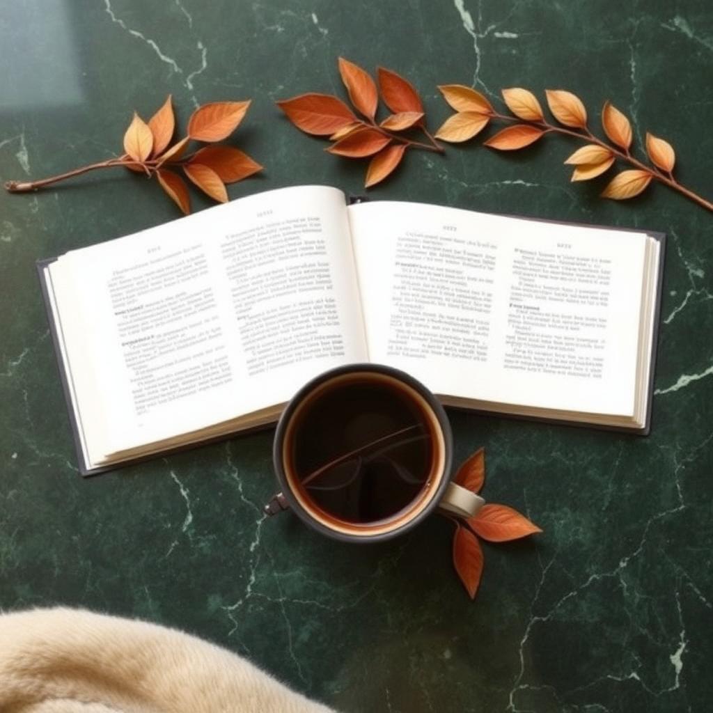 Libro abierto, café y gafas sobre mármol verde