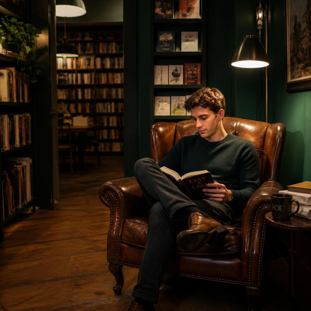 Hombre leyendo en un sillón dentro de una librería