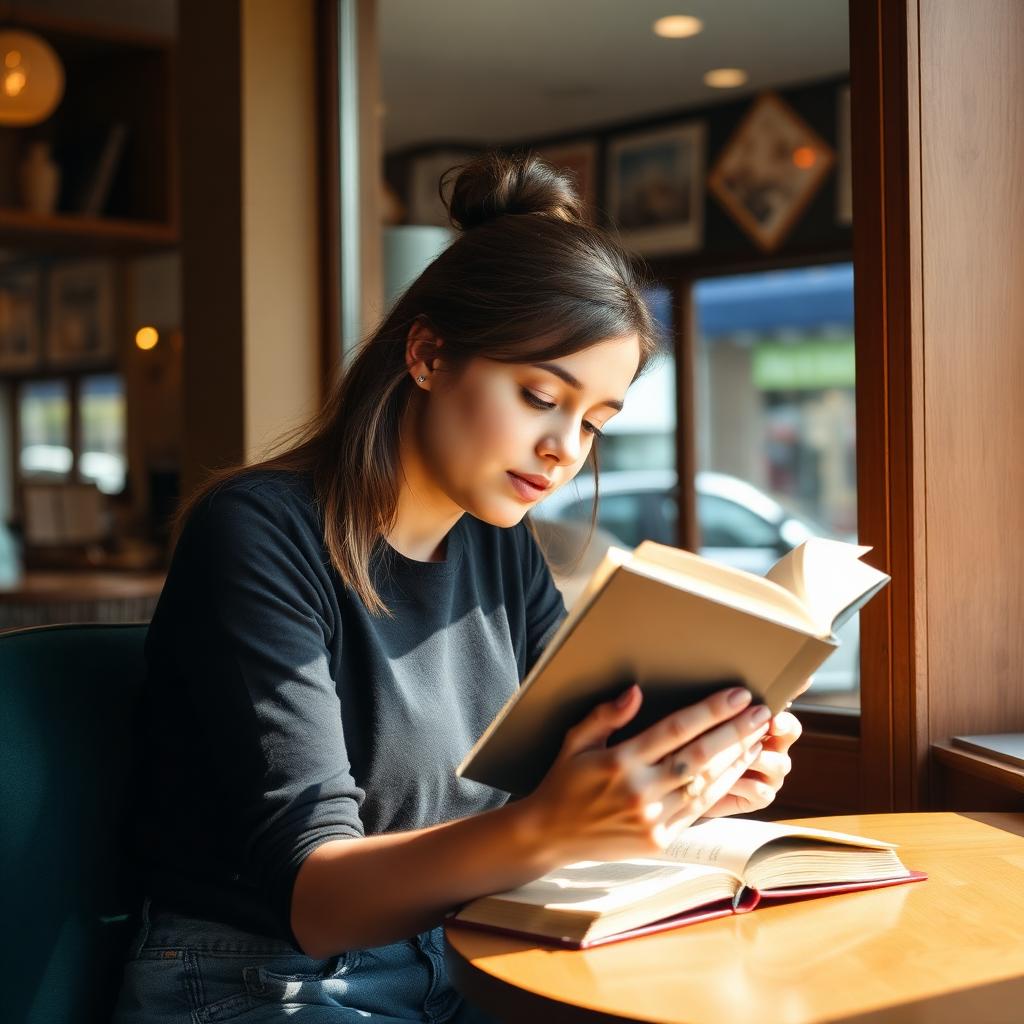 Mujer leyendo un libro en una cafetería