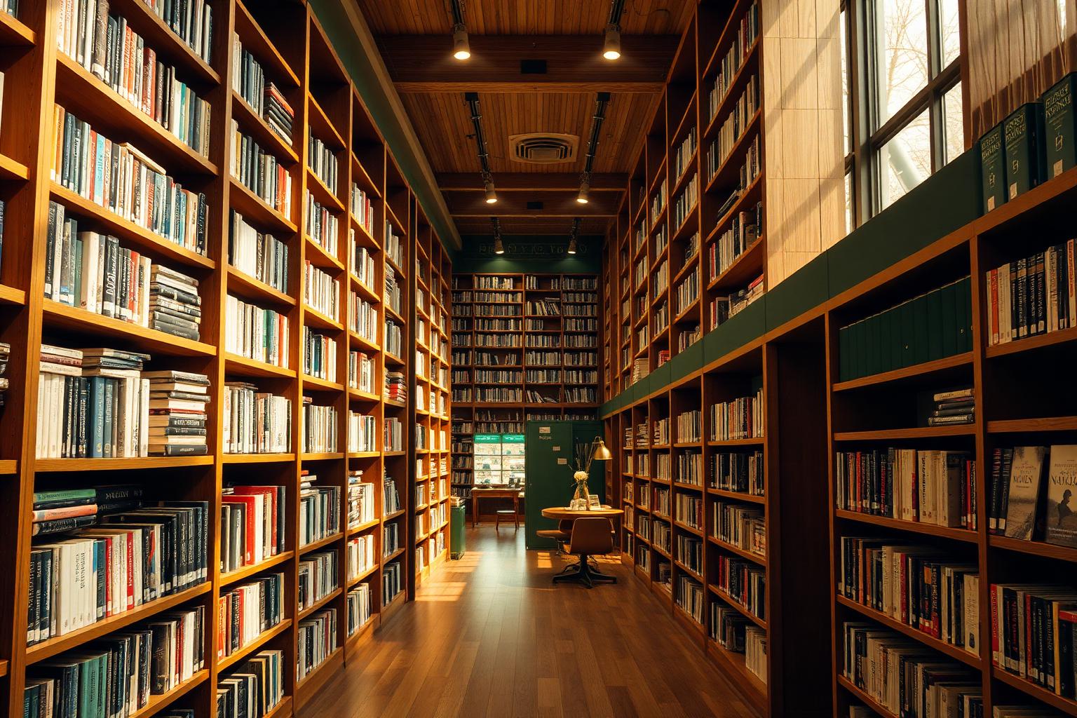Interior de librería con estanterías de madera llenas de libros