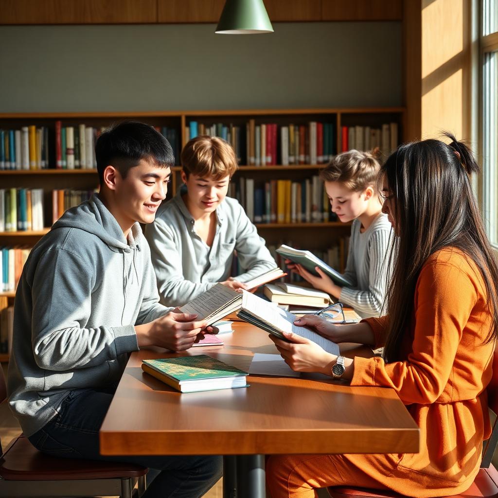Estudiantes leyendo en una mesa de biblioteca
